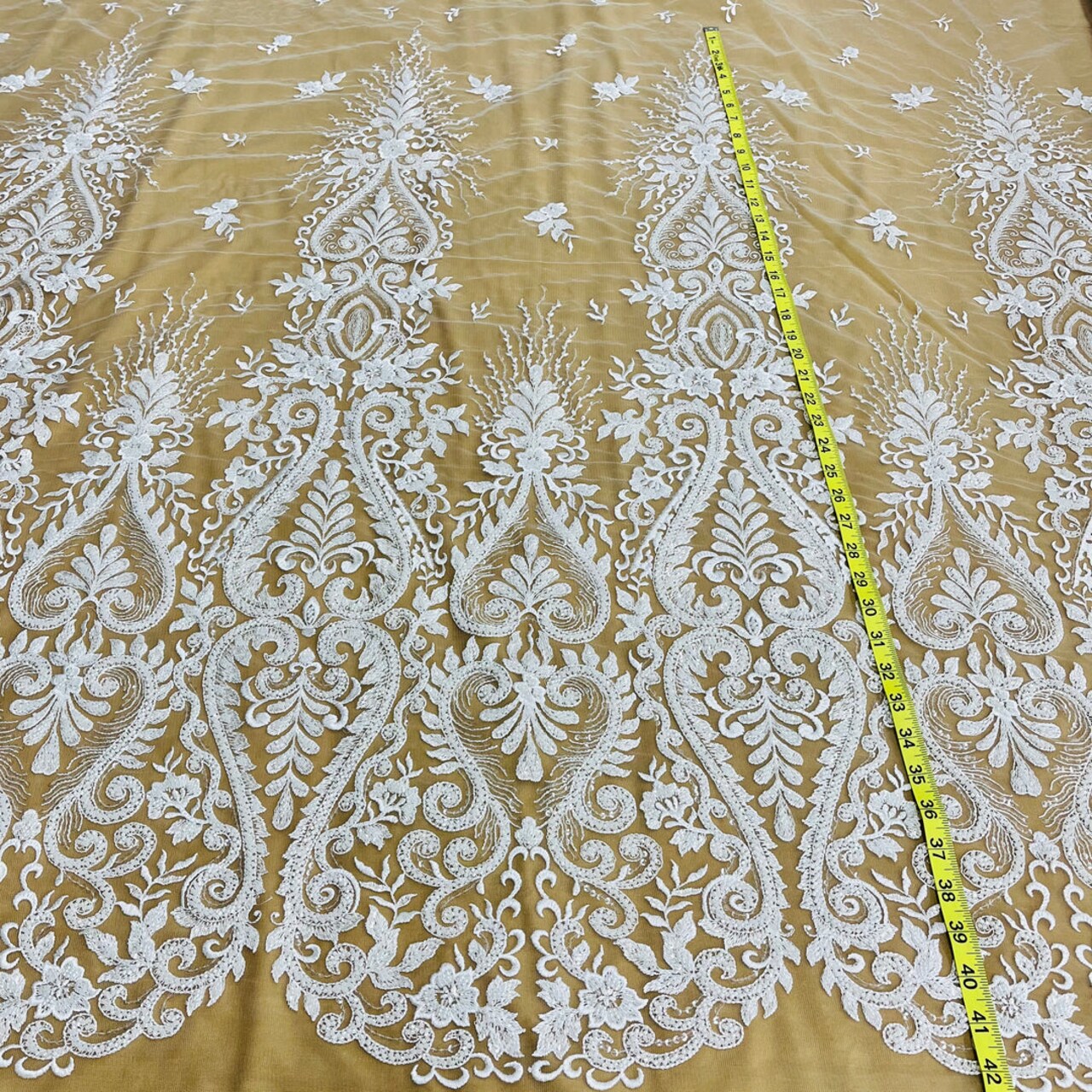 1 Yard Beaded Lace Fabric Embroidered on 100% Polyester Net Mesh - 54" Wide, Elegant Bridal & Dressmaking Fabric